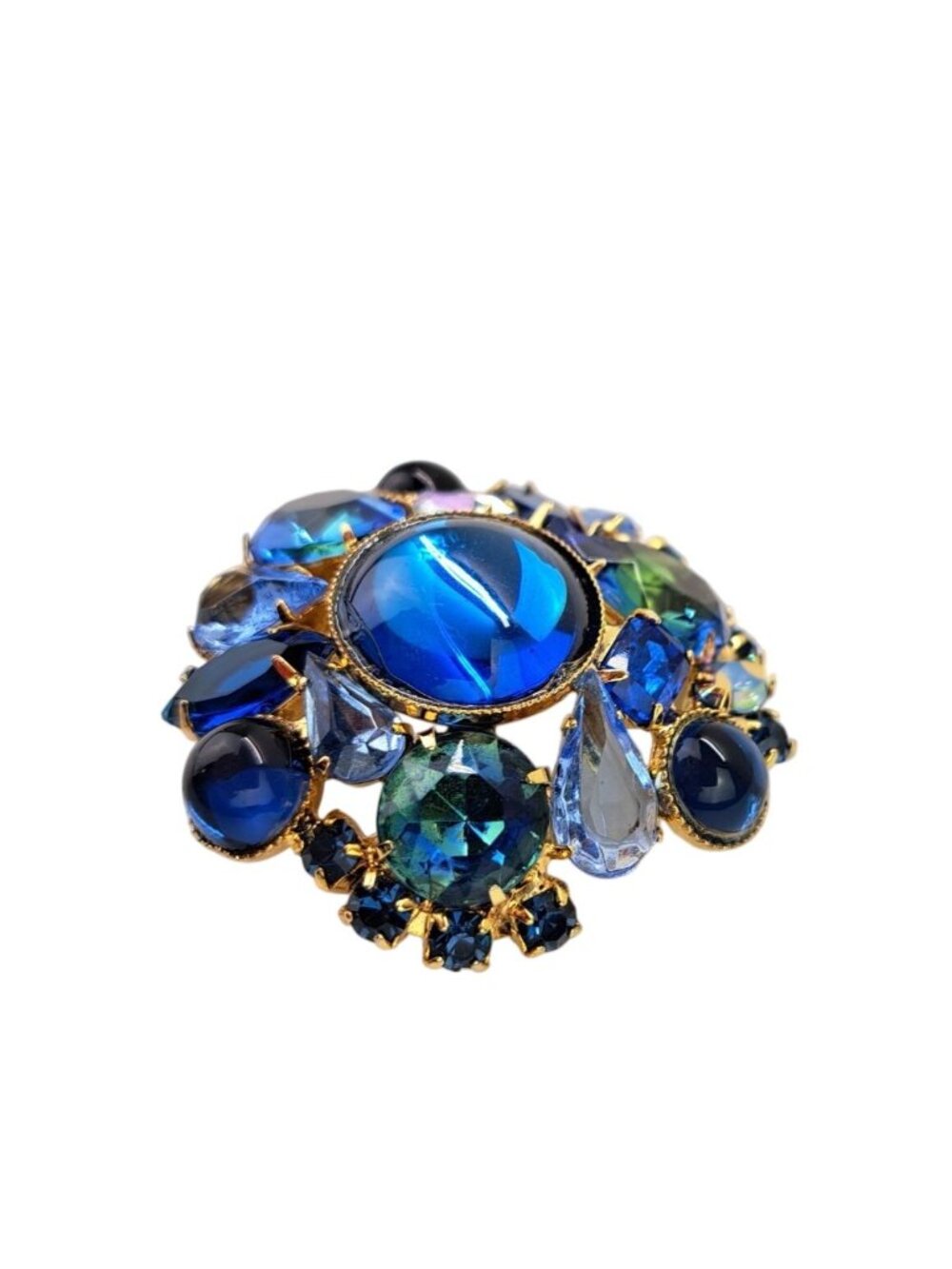 Vintage Blue Rhinestone Round Brooch Pin Dome Cabochon Navette Cluster Statement - Picture 10 of 11